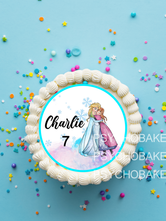 Elsa & Anna Frozen edible round cake topper