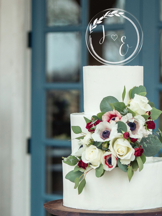 Wedding cake topper round wreath initials