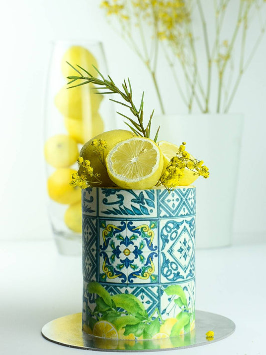 blue tiles edible image cake wrap