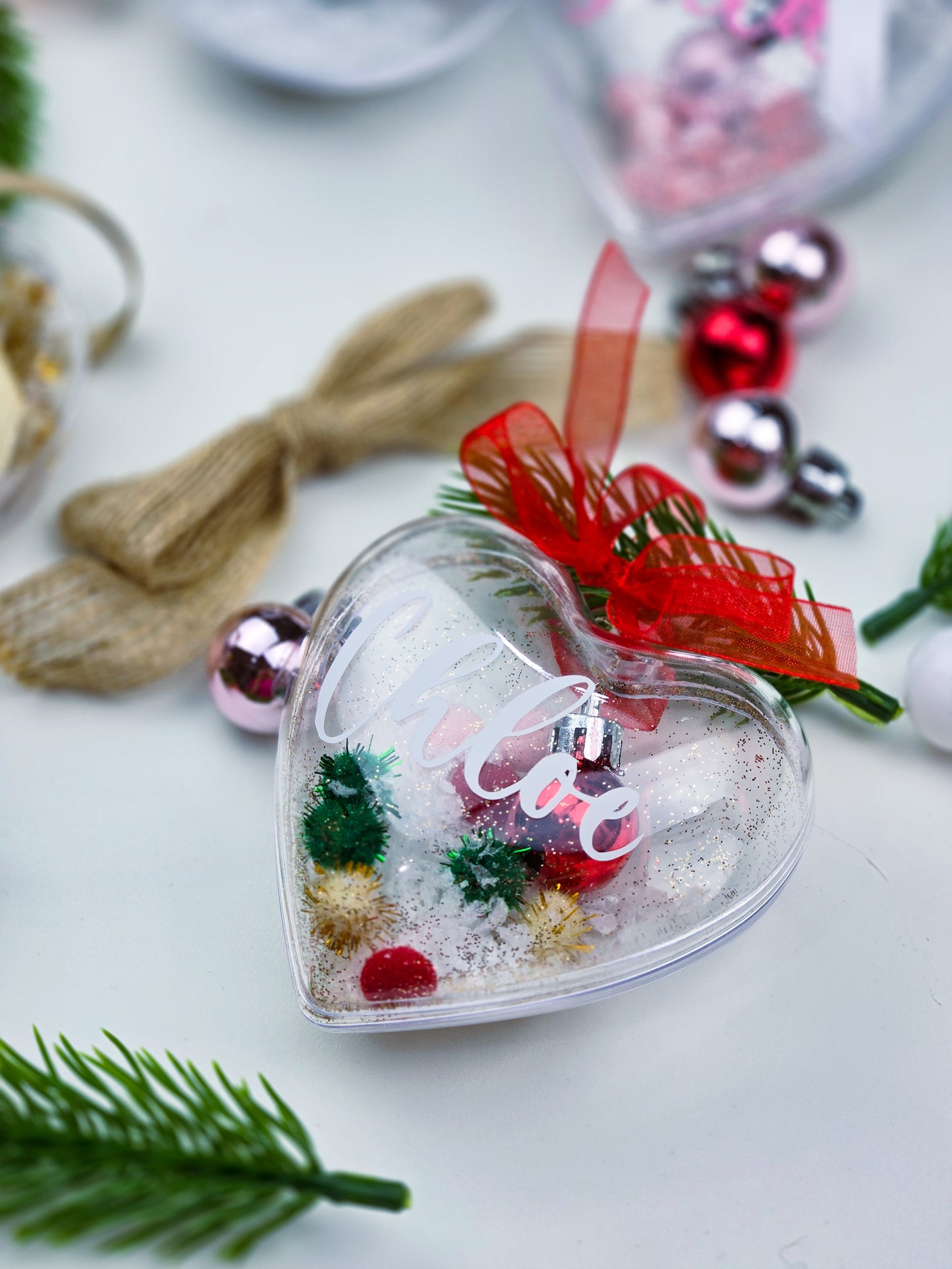 Personalised Christmas Bauble - Clear Heart / Round Name Ornament - Custom Gift Decoration