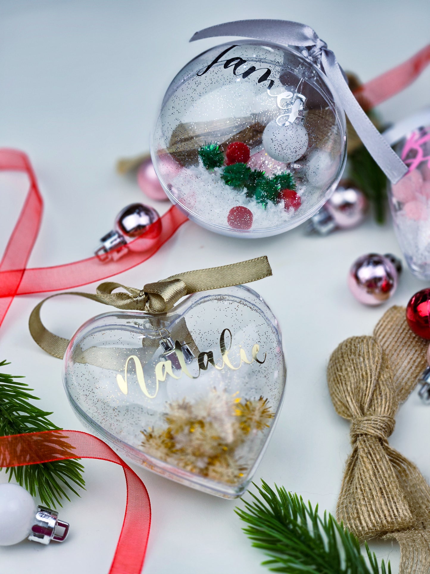 Personalised Christmas Bauble - Clear Heart / Round Name Ornament - Custom Gift Decoration