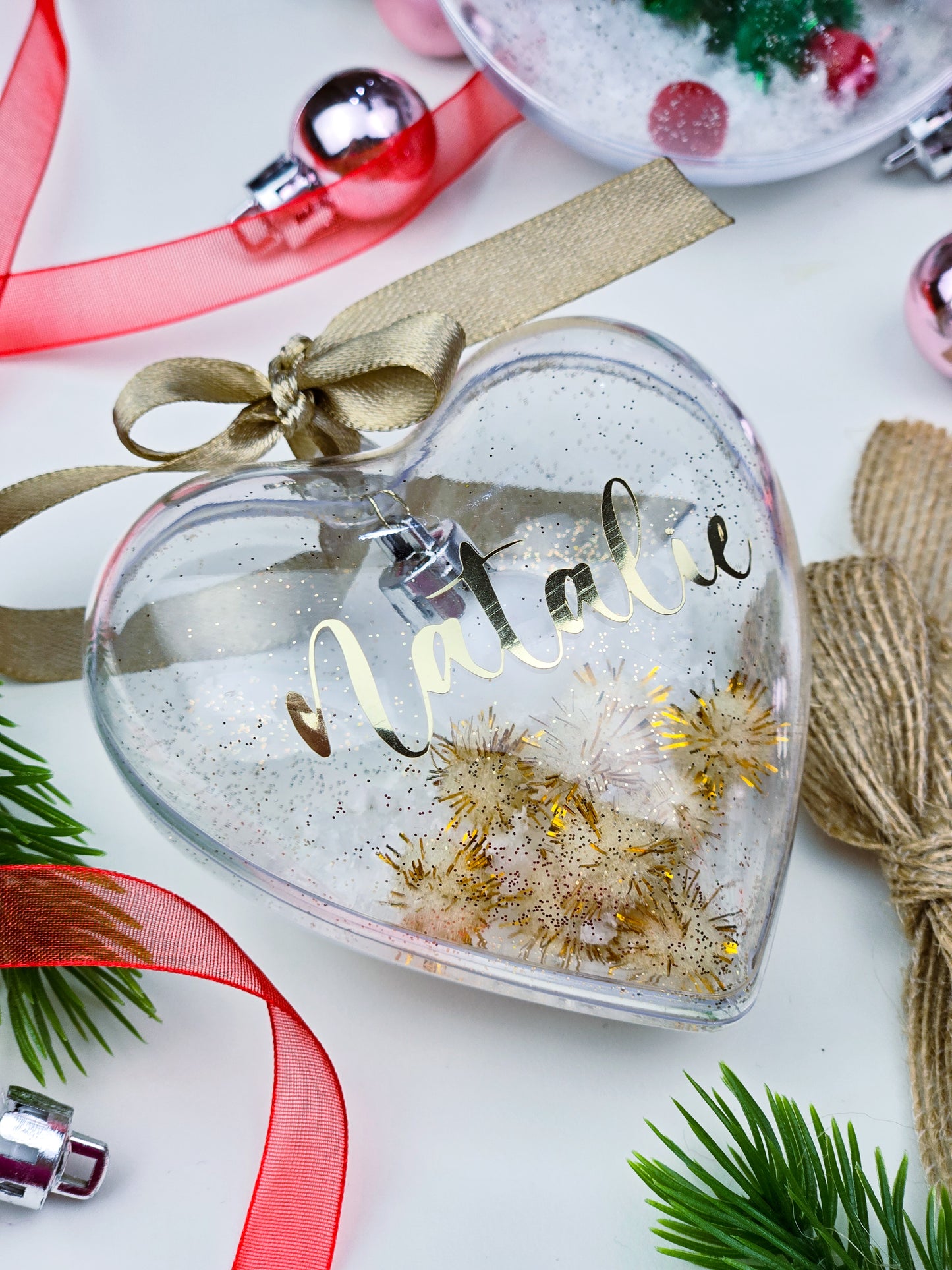 Personalised Christmas Bauble - Clear Heart / Round Name Ornament - Custom Gift Decoration