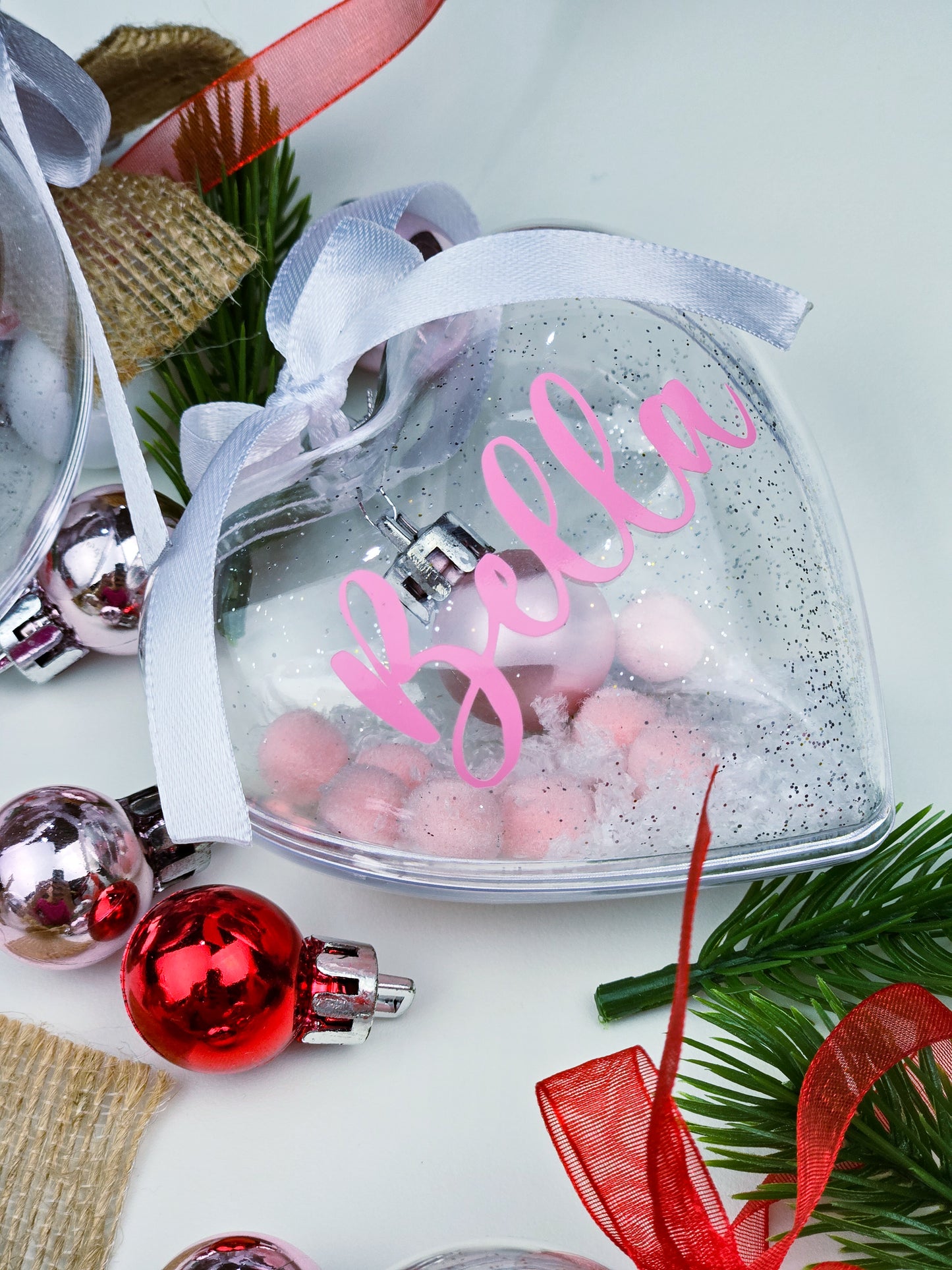 Personalised Christmas Bauble - Clear Heart / Round Name Ornament - Custom Gift Decoration