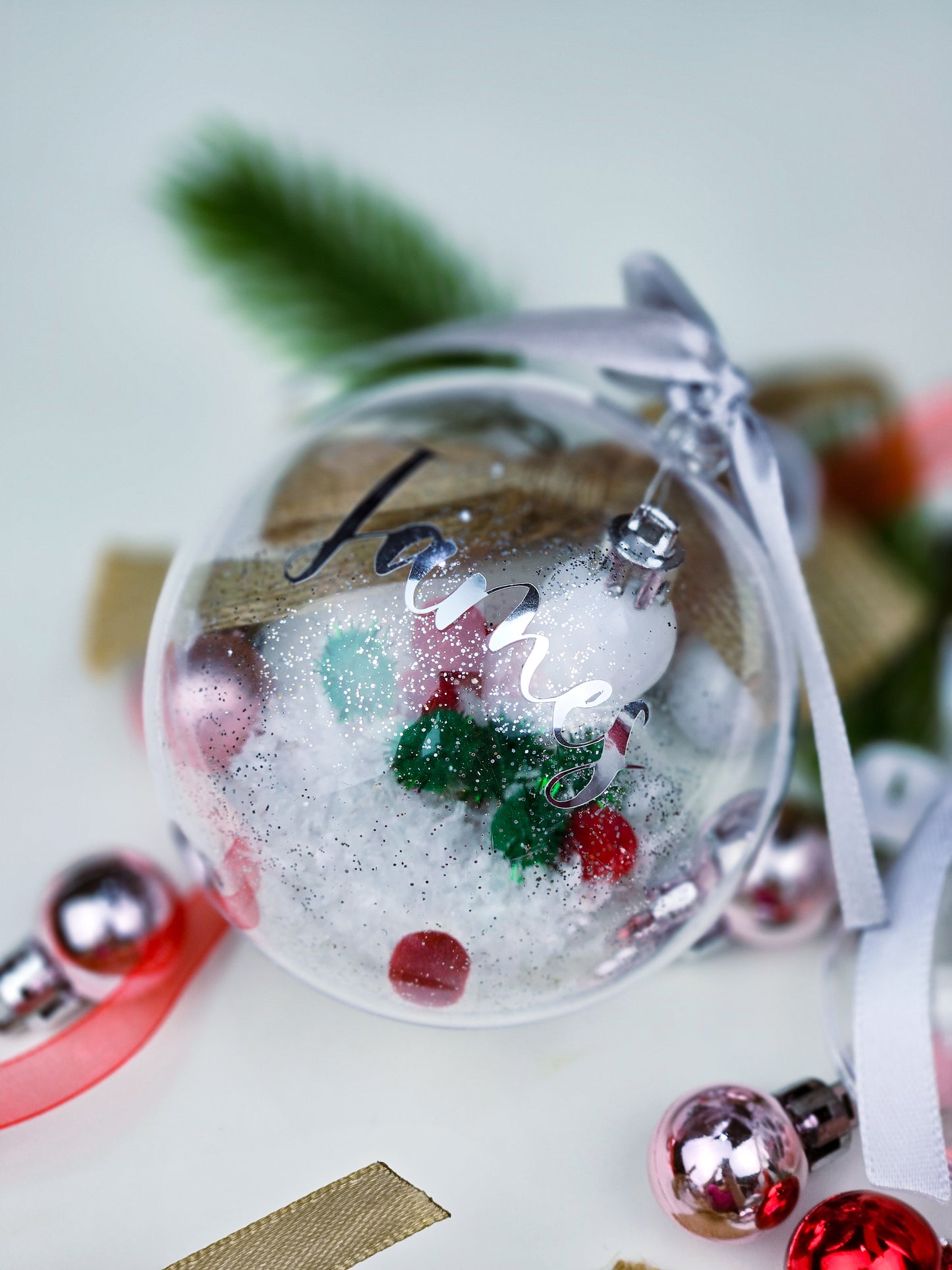 Personalised Christmas Bauble - Clear Heart / Round Name Ornament - Custom Gift Decoration