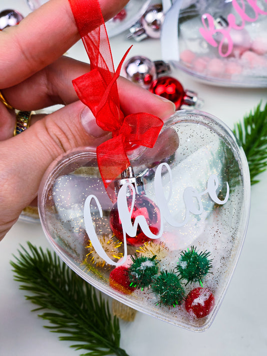 Personalised Christmas Bauble - Clear Heart / Round Name Ornament - Custom Gift Decoration