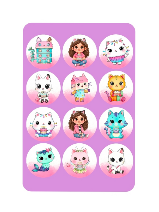 Gabby's Dollhouse Edible Images - Cat themed Cupcake / Cookie Round Icing Toppers - Precut - Licensed