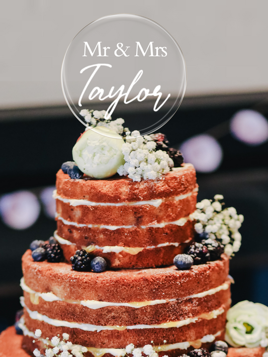 Cake Topper - Wedding Round Acrylic Sign - Custom Mr & Mrs Name